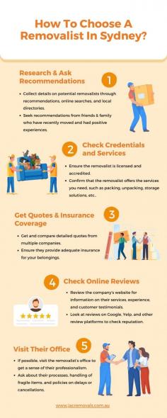  Selecting the right removalist is crucial for a smooth move. Start by researching companies with positive reviews and a strong reputation. This infographic from JAC Removals helps to choose the right removalist for your needs. Ensure they offer the services you need , such as packing or storage, and check their experience and expertise. Confirm they are licensed and insured to protect your belongings. Compare quotes for transparency and avoid hidden fees. Choose the best removals in Sydney with responsive customer service and flexibility with your moving dates. Seek recommendations from friends or family to find trusted professionals. By considering these factors, you can ensure a hassle-free moving experience in Sydney. 