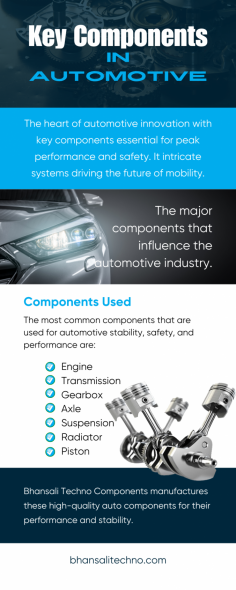  Here are the essential elements powering automotive innovation. From engines to safety features, explore the intricate network of components driving the modern vehicle. Delve into the heart of performance with advanced propulsion systems, safety with robust braking, steering, and collision avoidance systems. Welcome to the dynamic world of automotive engineering with the top auto component manufacturer like Bhansali Techno Components. Contact us for your automotive component manufacturing needs. 