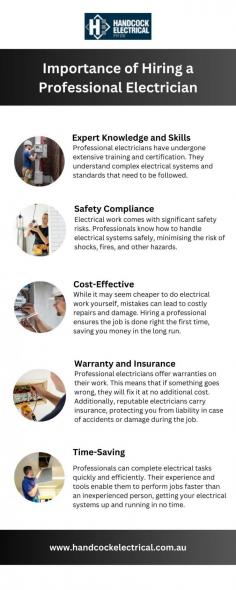  In this infographic, you will discover why hiring a professional electrician ensures safety and efficiency for your electrical needs.