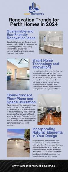  Dive into this infographic to discover the latest renovation
trends for Perth homes in 2024, including sustainable ideas, smart tech,
open-concept designs, and natural elements. 