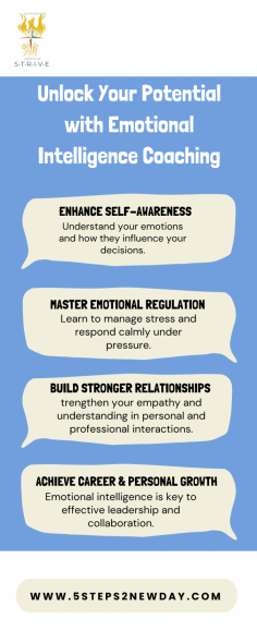  your journey toward self-awareness and success.##Dis1 At 5 Steps to New Day, our coaching services are tailored to help you grow holistically. From Emotional Intelligence (EQ) coaching to leadership and soft skills training, our programs aim to boost your emotional wellness and empower you in all areas of life. Whether you're looking for career guidance or personal growth, our coaches specialize in supporting your journey toward success. Experience the transformative power of personalized coaching and start your fulfilling path of self-discovery. 