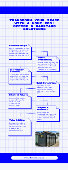 Create the perfect workspace at home with our modern office pods. Designed to give you a quiet, comfortable place to work, they fit seamlessly into your backyard. Stylish, durable, and easy to set up, these pods help you stay productive while adding value to your home. Whether for work, study, or creative projects, our pods provide the ideal environment. Visit Silko Home to explore the options and improve your work-from-home experience. https://silkohome.com.au/sale #HomePod #BackyardPod #OfficePod